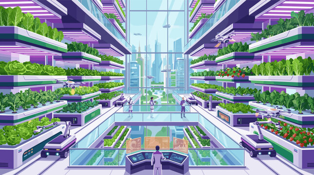 Illustration of a futuristic vertical farm with robots and drones tending to hydroponic plants. A concept for smart agriculture, innovation, and sustainable urban food production.