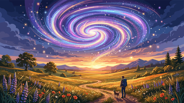 A traveler and his dog watch a surreal spiral galaxy at sunset. This magical illustration evokes wonder, adventure, and dreams. Perfect for fantasy or spiritual concepts.