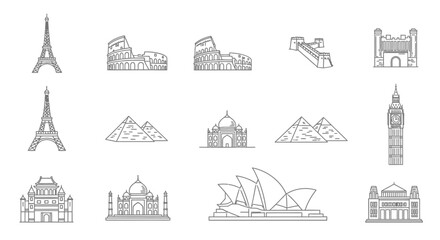 Naklejka premium A set of iconic landmarks and famous buildings in a simple line drawing style on a white background.