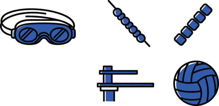 Various blue and black icons representing swimming equipment, diving boards, and volleyballs are displayed against a white background.