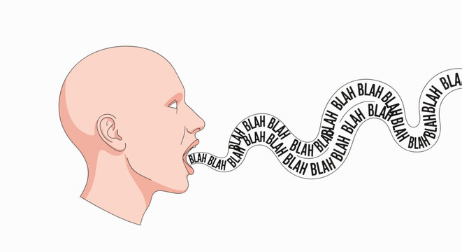Illustration of a bald man speaking with a wavy line of words coming out of his mouth against a plain white background.