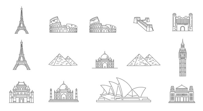A set of iconic landmarks and famous buildings in a simple line drawing style on a white background.