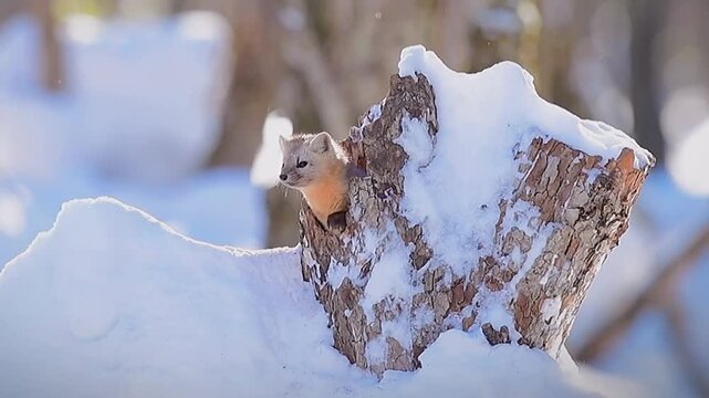 Small brown weasel peeking out from a snow-covered tree stump in a bright winter forest environment