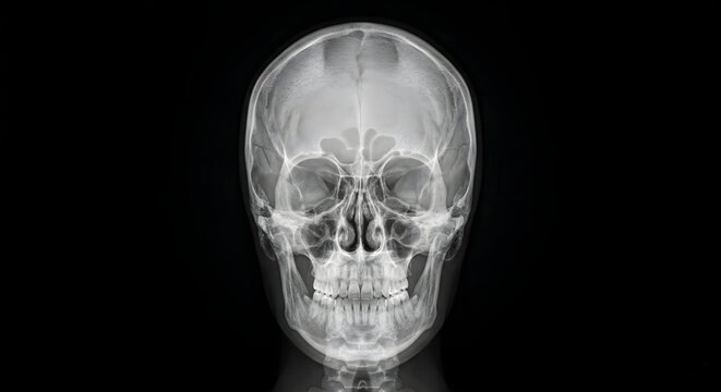 Frontal X-ray radiograph of a human skull showing bone structure and teeth on a dark background.