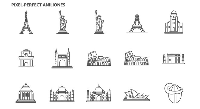A minimalist line art illustration of famous landmarks and monuments from around the world on a white background.