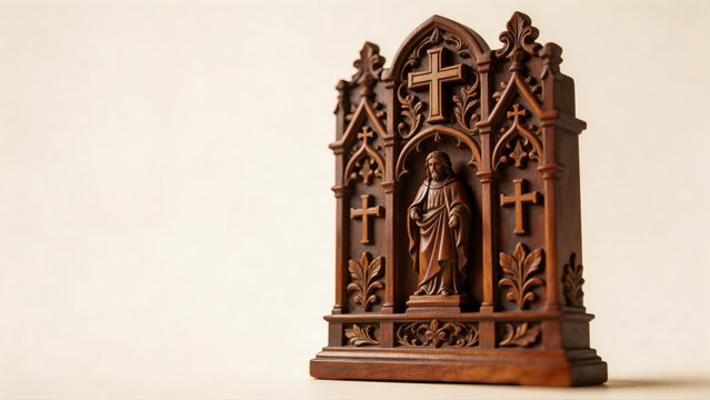etailed Hand-Carved Wooden Gothic Triptych Icon of Jesus Christ with Ornate Arches and Floral Details