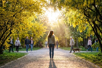 Obraz premium Woman walking along a sunlit park path framed by blooming yellow trees during spring, with warm backlight, soft bokeh, and peaceful urban nature atmosphere in a scenic outdoor setting.