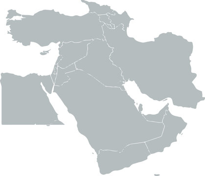 A gray map of the Middle East and North Africa region with country borders and roads on a white background