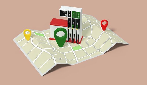 Road map with locations of gas stations and cheapest fuel