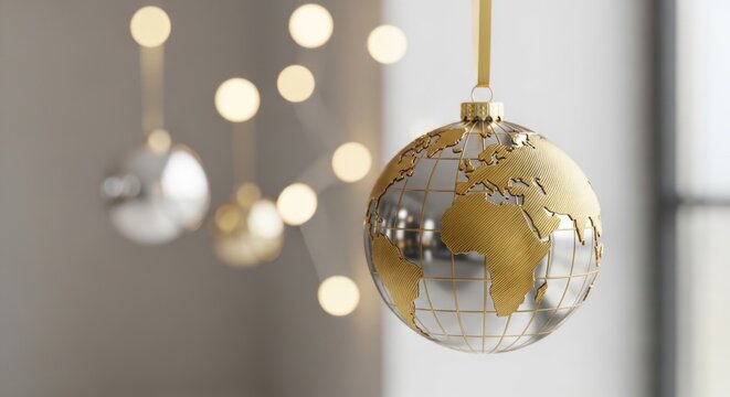 A golden globe with a map of the world hanging from a string in a room with a window.