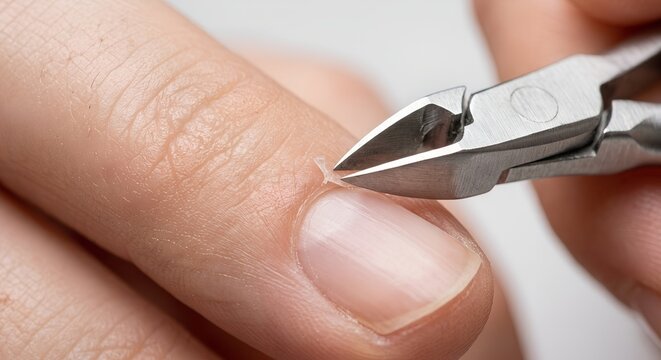 Close-up of a person carefully cutting a hangnail with precision cuticle nippers, representing home manicure, nail hygiene, and self-grooming