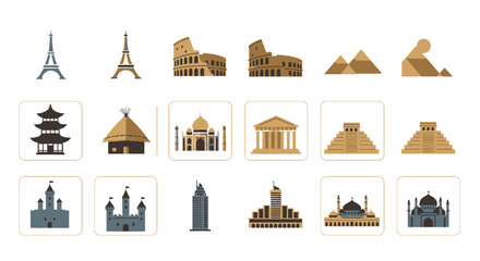 Fototapeta premium Flat lay of various famous landmarks icons in a range of colors on a white background.