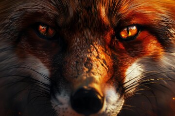 Naklejka premium Intense close up of a red fox with glowing eyes and fur, creating a dramatic and captivating portrait