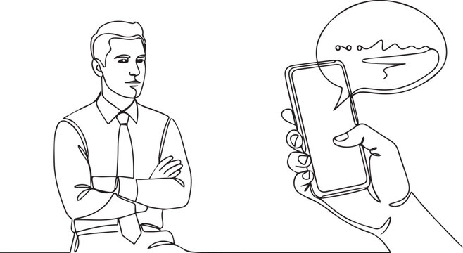 A man with his arms crossed looks on as a hand holds up a smartphone with a frowny face on the screen in a simple line drawing illustration.