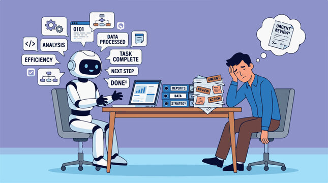 A cartoon illustration of a robot and a man sitting at a desk with a computer and papers looking stressed and overwhelmed with data analysis and processing