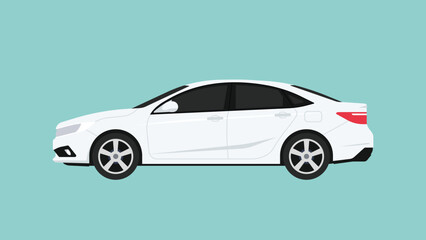 White Sedan car in side view, four door passenger vehicle for transportation, business, urban mobility, and everyday driving concept, ideal for automotive, travel, and road, flat vector illustration