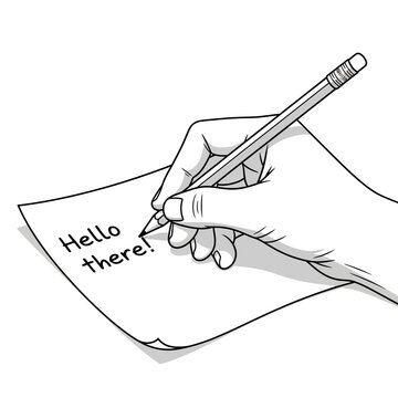 Hand writing "Hello there!" on paper with pencil, close-up