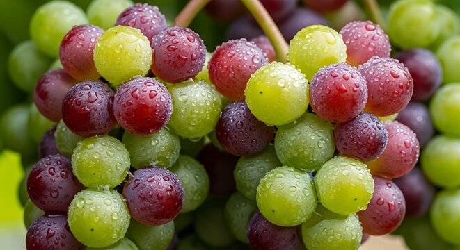 Close-up of ripe red and green grapes with water droplets on vine