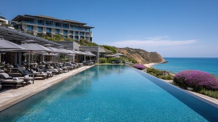 Obraz premium Luxury resort with infinity pool overlooking ocean and sandy coastline