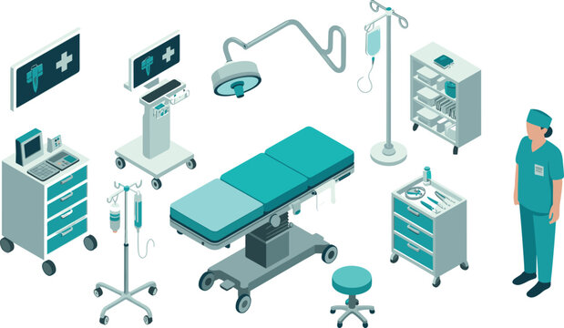 Isometric medical equipment set with operating table surgical tools hospital healthcare technology clinic instruments illustration concept