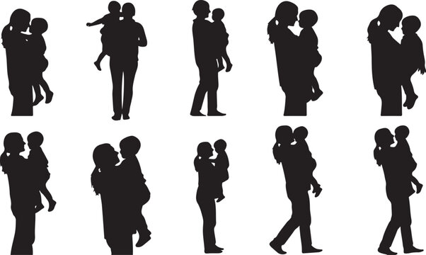Diverse silhouettes of adults holding children in various affectionate poses isolated on transparent background, Vector
