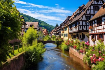 Scenic canal flowing past historic timbered houses adorned with blooming flowers