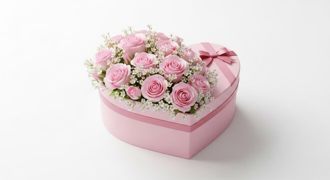 A pink heart-shaped box with a bouquet of pink roses and baby's breath inside.
