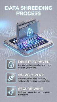 Data shredding process secures digital disposal. Cybersecurity infographic shows locked folder entering shredder, highlighting permanent deletion, no recovery, secure wipe, data sanitization workflow