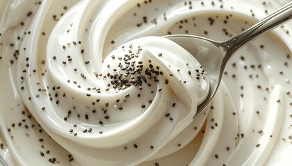 Obraz premium Chia yogurt swirl with spoon overhead macro close up
