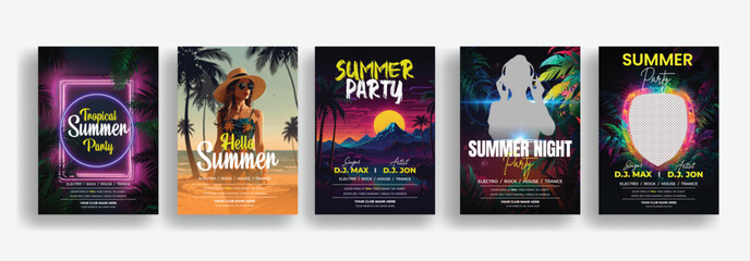 set of summer tropical night party invitation a4 print poster flyer template bundle with summer tropical leaves elements, neon lights background collections for summer party leaflet brochure design © UnaisaAbedin