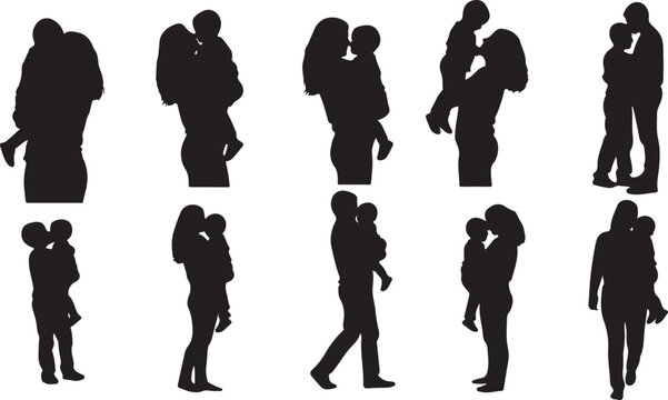 Diverse silhouettes of couples sharing tender and affectionate moments together isolated on transparent background, Vector