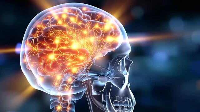 Glowing holographic skull with neural network patterns on transparent display, artificial intelligence, digital mind concept, with copy space