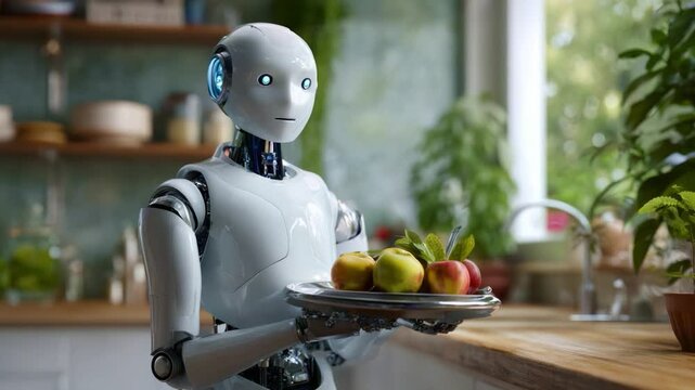 A futuristic kitchen scene featuring a humanoid robot carefully holding a tray of fresh apples, showcasing the intersection of technology and daily life.