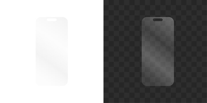 Realistic protective tempered glass for modern smartphone screen with dynamic island cutout isolated on transparent background