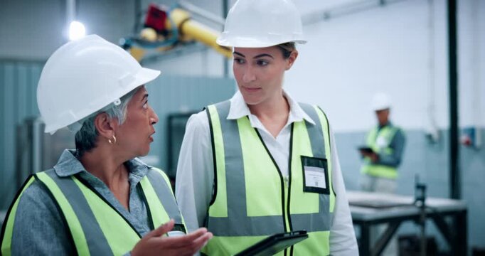 Robotics, warehouse and women with tablet for research, discussion and quality assurance on website. Machine facility, manager and planning for mechanical design, teamwork and meeting with technology