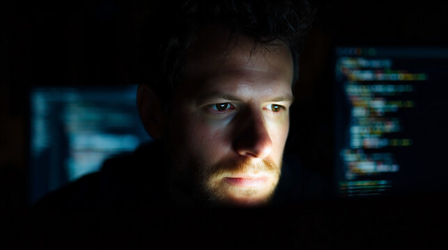 Deep in the darkness, a man fixates with intense focus on pulsing