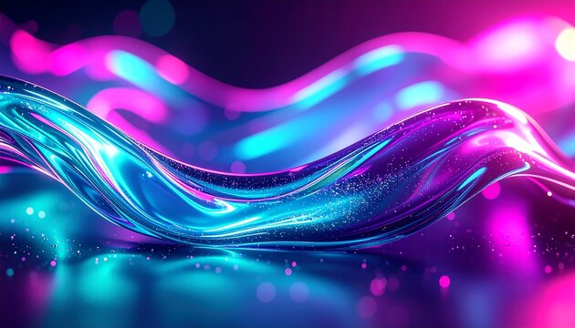 Flie&szlig;endes fl&uuml;ssiges Glas mit Neon-Leuchten, abstrakte Wellenbewegung in Cyan und Magenta, generative KI