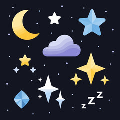 Naklejka premium Night Sky with Moon, Stars, and Clouds - Dreamy Celestial Illustration