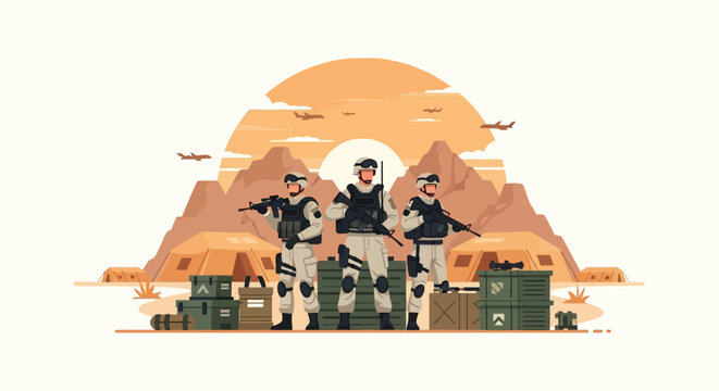 Military Soldiers Standing Guard in Desert Camp with Aircraft Overhead