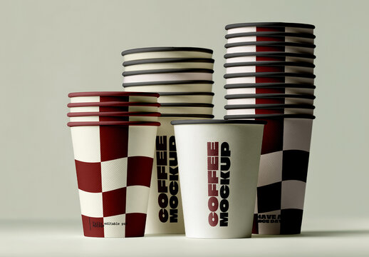 Coffee Cup Mockup Set With Multiple Stacked Cups