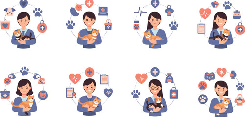 Fototapeta premium Veterinary Clinic and Pet Care Illustration Set with Veterinarian Holding Cat, Pet Health Icons, Animal Care and Medical Services Vector Collection