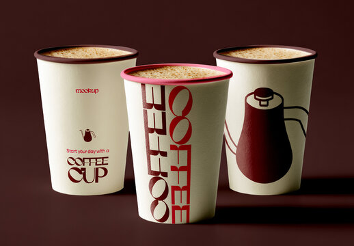 Coffee Cup Mockup Trio Composition with Beverage Foam