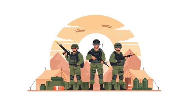 Military Soldiers in Desert Camp with Aircraft and Tents
