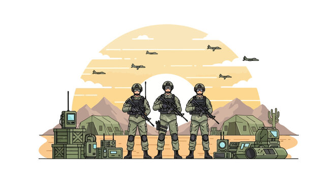 Military soldiers in desert camp with aircraft flying overhead, desert landscape, war, army, soldiers, desert, camp, aircraft, war, army, soldiers, desert, camp, aircraft