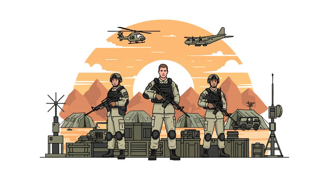 Military Soldiers and Equipment in Desert Base with Aircraft