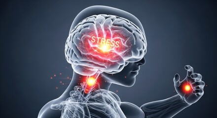 Fototapeta premium Human anatomy with highlighted brain neck and hand pain points in a medical illustration
