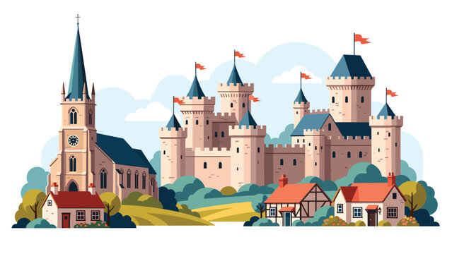 Idyllic medieval landscape featuring a large stone castle with towers and flags overlooking a small village with a church and cottages.