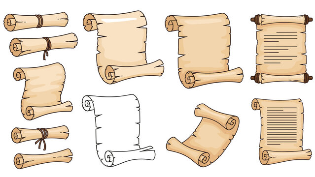 Collection of vintage parchment paper scrolls in various stages of being rolled and unrolled on white.