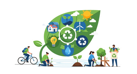 Fototapeta premium Sustainable Living & Eco-Friendly Lifestyle Concept. Green Energy, Recycling, Environmental Protection, and Healthy Community Activities on a Leaf.