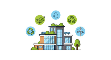 Naklejka premium Sustainable Modern Building with Green Energy Icons & Eco-Friendly Lifestyle